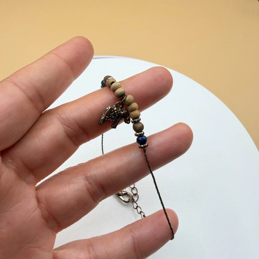 Elephant Charm Bracelet Wood Beads Blue Crystal Boho Bronze Tone Adjustable